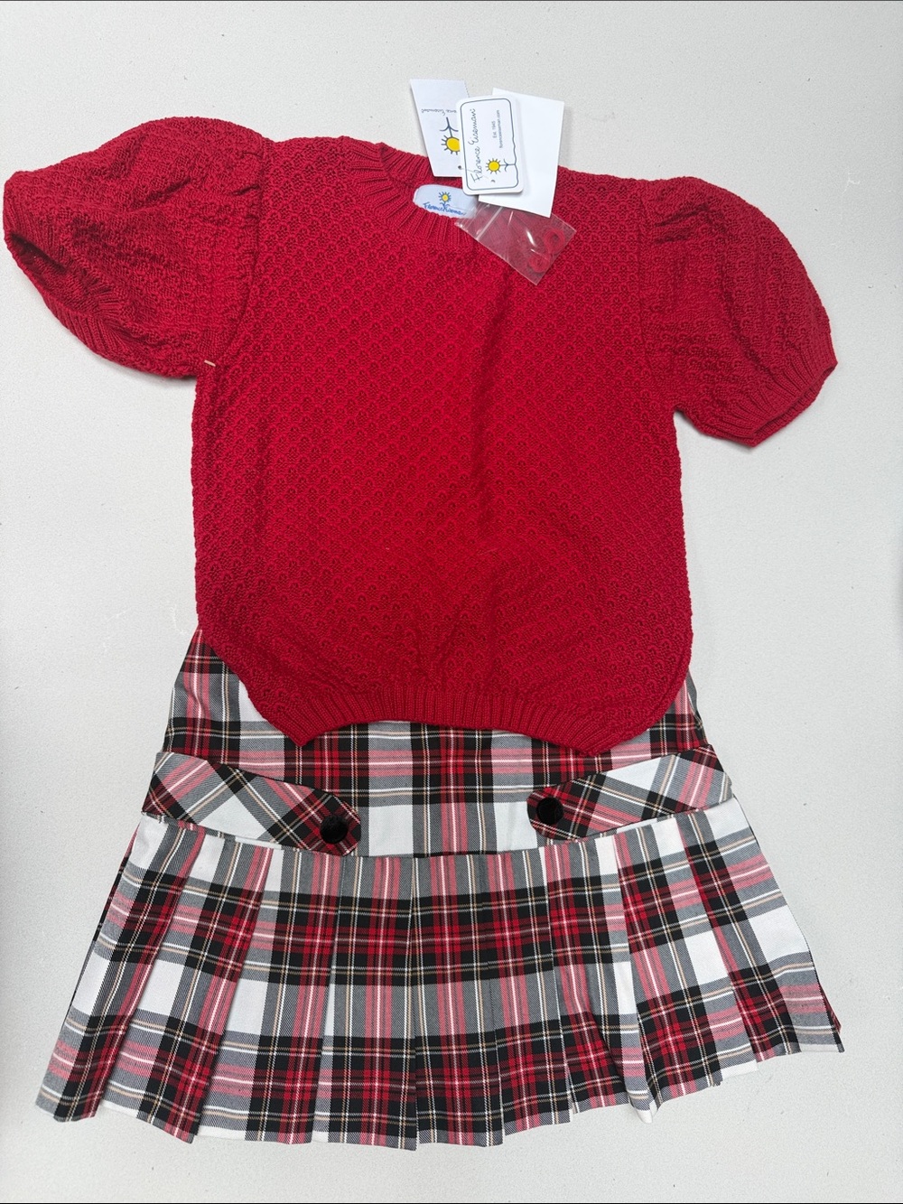 Florence Eiseman Red Knit Top with Black & White Plaid Pleated Skirt